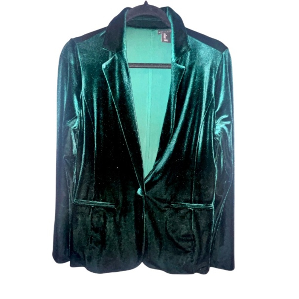 Tahari Blazer Single Button Closure Velvet Velour Green Lightweight Size Large